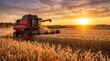 © Taras Roshchuk - A combine harvester collects ripe wheat in a golden field as the sun sets. Dust rises and the sky turns orange, marking the end of a long day of harvest in the countryside