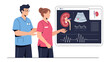© abidakhatun - Medical Diagnosis: A medical professional points to a screen displaying a kidney scan and vital signs, collaborating with a colleague on diagnosis.