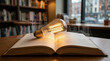 © Momphoto - Book light bulb idea education library innovation knowledge reading creativity, vintage light bulb resting open book inside library with glowing filament and city skyline sketch overlay