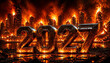 © Zabed - The year 2027 is engulfed in flames, set against a backdrop of a city skyline at dusk.