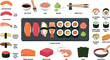 © MstRowshanAra - Japanese sushi vector set with platter nigiri maki rolls soy sauce wasabi and ingredients for traditional Asian food restaurant menu design