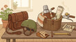 © Karina - Vintage style illustration featuring cycling gear including a bicycle basket, leather satchel, helmet, map, thermos, and tools. Perfect for travel, lifestyle, and outdoor adventure themes.
