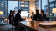 © CuteBee - Dark mood interior shot of professional business team having late evening conference meeting in high rise office with city lights visible through glass walls and desk lamp