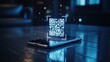© nakamuto - Futuristic digital QR code glowing above a mobile phone on a dark reflective background