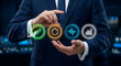 © Stockar BD - Executive presenting performance metrics with icons for quality check, time management, health monitoring, and statistics.