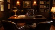 © Iminos - Luxurious vintage office with leather chairs and antique desk.