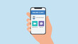 © Mahin - Human hand holding a mobile smartphone displaying an online clinic application with options to start a video call or chat.