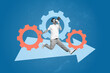 © deagreez - Poster graphics collage of person sit announce megaphone image arrows with gear wheel on blue background