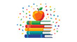 © Dion - Stack of colorful books with apple and confetti background.