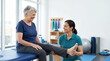 © Xenia - Physical therapist helping an elderly woman with a leg exercise. Smiling senior female patient undergoing rehabilitation in a bright clinic
