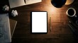 © pnghrn_ - Blank Tablet Screen Mockup on Dark Walnut Desk with Lamp Light
