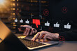 © Supatman - Negative customer feedback and online reputation management concept. Person using laptop with thumbs down, sad faces and dislike icons. poor reviews, complaint response, bad evaluation, service issues