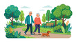 © Sweety - Happy Senior Couple Walking Their Dachshund Dog in a Green City Park, Flat Vector Illustration of Active Elderly Lifestyle