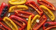 © Chandara - A wooden chopping board with a variety of colorful bell peppers, including red, yellow, and black pepper slices, arranged in a visually appealing manner.