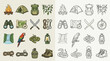 © renender - Collection of jungle adventure and camping icons in color and outline versions.