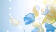 © SerumCreative_AI - パステルブルーとレモンイエローの花びらが風に舞うナチュラルスキンケア背景。ジェネレーティブAI