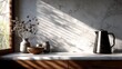 © Tri - Interior kitchen counter scene illuminated by direct sunlight casting distinct striped shadows across a marble surface.