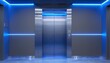 © Danang - Modern elevator doors with blue neon lighting in futuristic minimalist building interior
