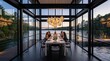 © SimpleLife Stock - Elegant lakeside dining room with panoramic windows and a group enjoying a meal