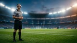 Professional soccer referee wearing futuristic smart glasses at stadium