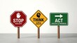 © Hamzah - Business process signs showing stop evaluate think plan analyze and act execute progress concept for strategic decision making