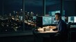 © kitti - Focused IT professional or programmer working late at night with multiple screens in a city office.