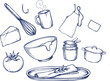 © MstAsmaAkter - Hand drawn kitchen utensils and food ingredient sketch set with utensils illustration culinary bakeware preparation ingredients monochrome restaurant homestyle kitchenware homemade scribble