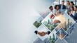 © Le - Collaborative business strategy montage featuring diverse team meeting, city planning, construction development, document signing, and digital interaction overlay.