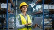 © Le - Female warehouse manager with yellow helmet analyzing logistics data on tablet, holographic charts and world map in modern smart storage facility for supply chain optimization