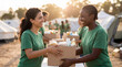 © Pei - World Refugee Day volunteers organizing aid supplies showing humanitarian care teamwork support for charity awareness campaign poster design