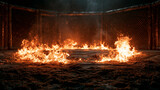Powerful of fire burning circle pattern in the Mix martial arts stage , black background , epic action image.