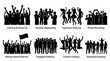 © CHAMOD  - Set of eight minimalist white line icons on a black background depicting business concepts such as group work, brainstorming, networking, and team meetings. PNG, Transparent Background