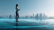 © Anca - A woman in smart casual attire stands on a luminous platform, looking out at a futuristic cityscape, tablet in hand. ..Created with Generative AI, not depicting real subjects.