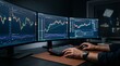© Afiq Fadzil - POV of professional trader analyzing forex market charts on multiple computer monitors at night