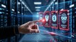 © Add Win - Cybersecurity protection: A hand touches a virtual screen, warning of critical digital threats like system hacks, data breaches, financial risks, and identity theft.