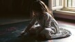© decorator - Young girl’s creative morning drawing colorful chalk art bathed in gentle sunlight warmth