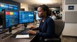 © Jordan - A Black female cybersecurity analyst in her early 30s leans toward dual monitors displaying colorful alert panels, line graphs, and scrolling log data in a professional corporate SOC environment. Soft