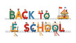© Mahbuba - Back to School Celebration: Playful letters spell out BACK TO SCHOOL on a miniature train track, with cheerful children riding along and a colorful schoolhouse illustration.