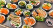 © Naksh K - Overhead view of delicious vegetarian sushi maki rolls on a gray platter.