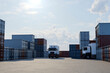 © Rendara Studio - 3D port corridor truck between container stacks and sky