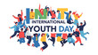 © Nadim - International Youth Day Celebration: A vibrant illustration depicts a diverse group of young people joyfully leaping and celebrating around the text INTERNATIONAL YOUTH DAY, embodying energy, unity.