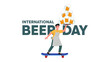 © bittv - International Beer Day Celebration: A cheerful barista rides a skateboard while balancing a tall stack of frothy beer mugs, celebrating International Beer Day with playful enthusiasm.