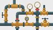© Shakib - Industrial pipe network with brass fittings and dual pressure gauges for monitoring fluid flow in a technical facility system.