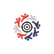 © KIO - Diverse people figures moving towards a central target, symbolizing common goals and unified business strategy on an isolated white background.