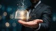 © Mimie - Businessman holds glowing digital book with data knowledge and strategy elements
