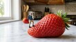 © Matweymax - Miniature man walking on a giant strawberry on a kitchen countertop with another blurred strawberry in the background, creating a surreal everyday scene with copy space for food and lifestyle ideas