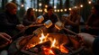 © Rhony - Close up of a person holding a roasting marshmallow near a campfire while camping in the woods at dusk.