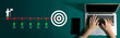 © InfiniteFlow - This image illustrates business strategy execution with hands on a laptop, a target symbol, and milestones representing goal achievement on a green background. Cyphers