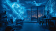 © pjjaruwan - Futuristic holographic brainstorm in room neon blue ceiling wall projections with floating equations and abstract light patterns creating immersive creative workspace mood