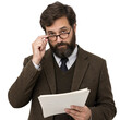 © FAHRI - Serious Professional Professor Holding Documents and Looking Over Eyeglasses Isolated on White